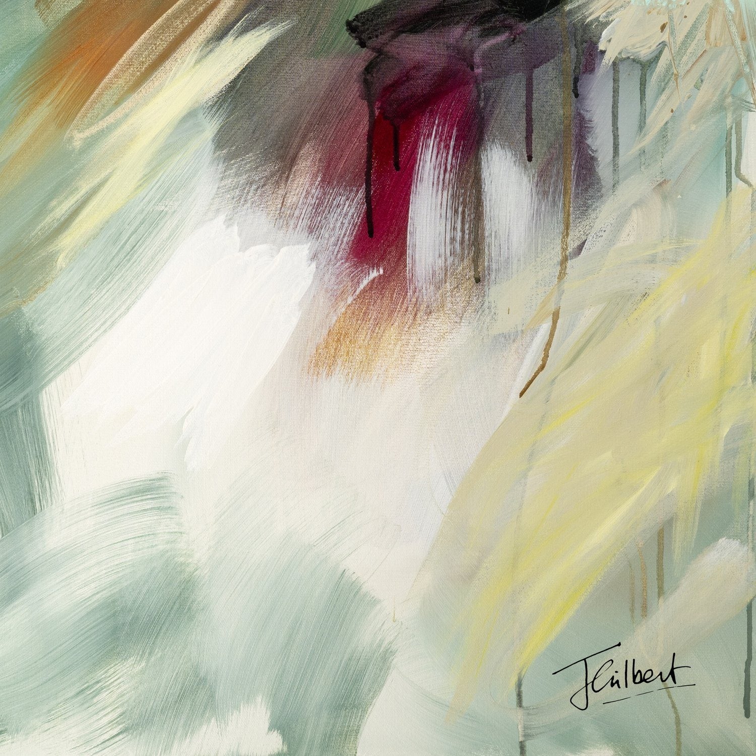 Hand signature of artist Joanna Gilbert on the Golden Drift 2 abstract canvas print.