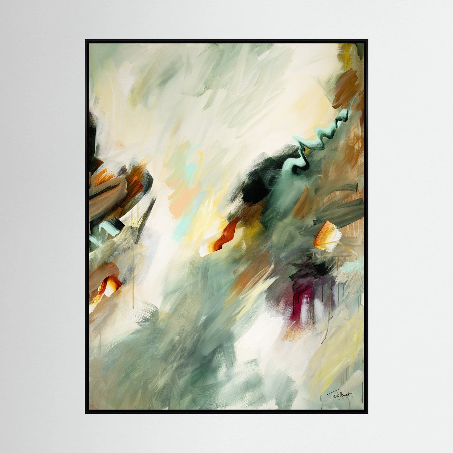 Golden Drift 2 abstract painting in a black frame, a vertical framed canvas print by Joanna Gilbert.