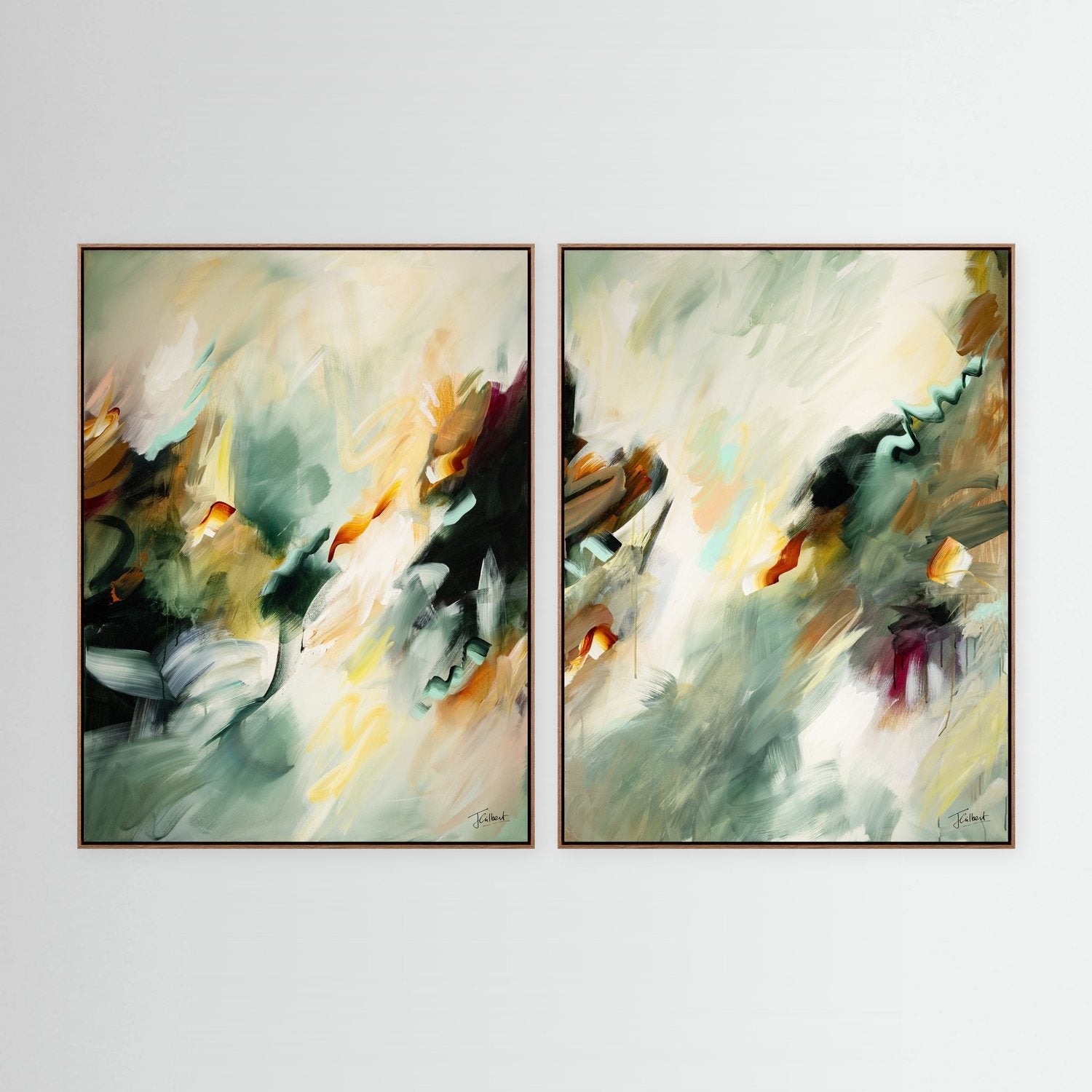 Golden Drift abstract diptych in oak frames, a pair of vertical framed canvas prints by Joanna Gilbert.