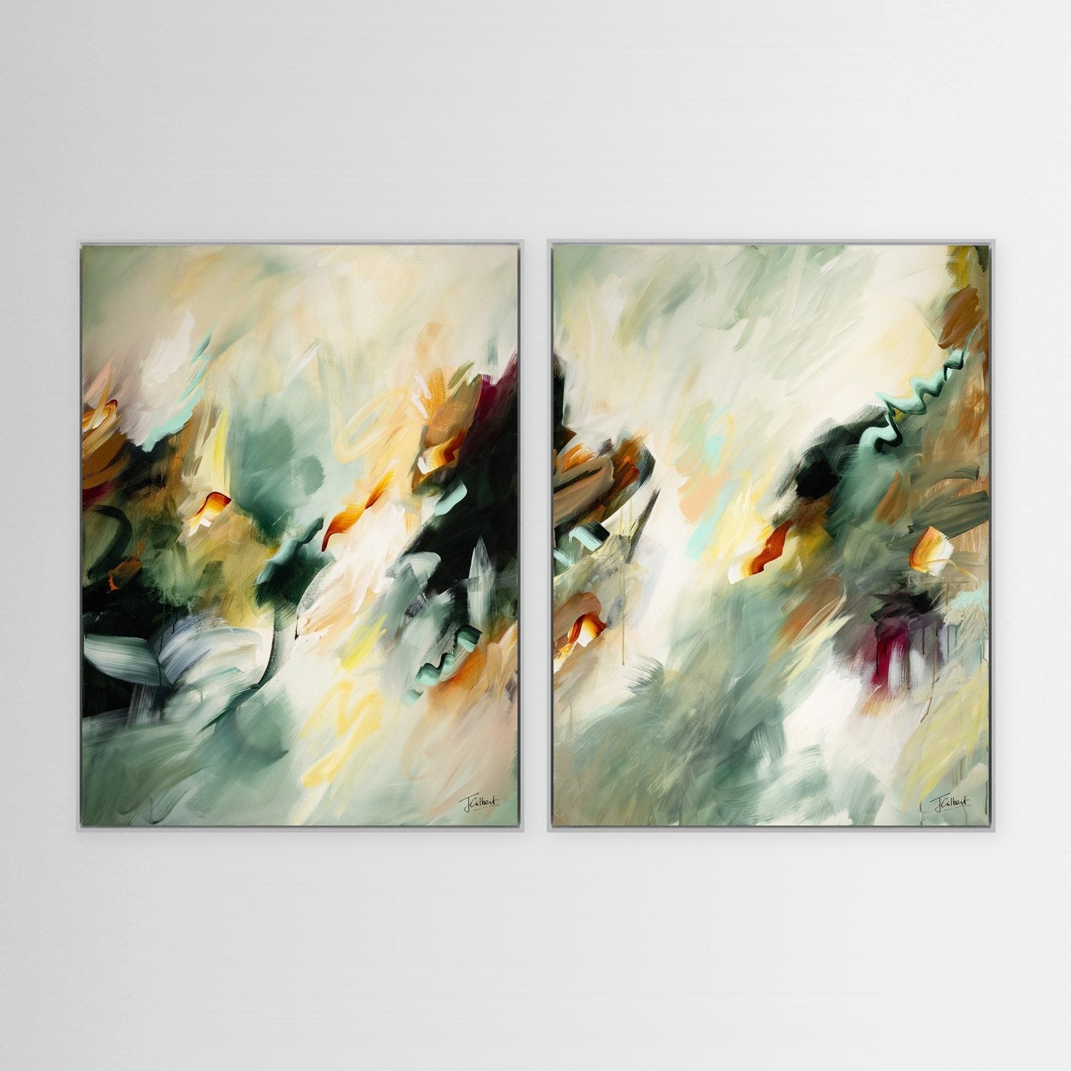Golden Drift abstract diptych in white frames, a pair of vertical framed canvas prints by Joanna Gilbert.