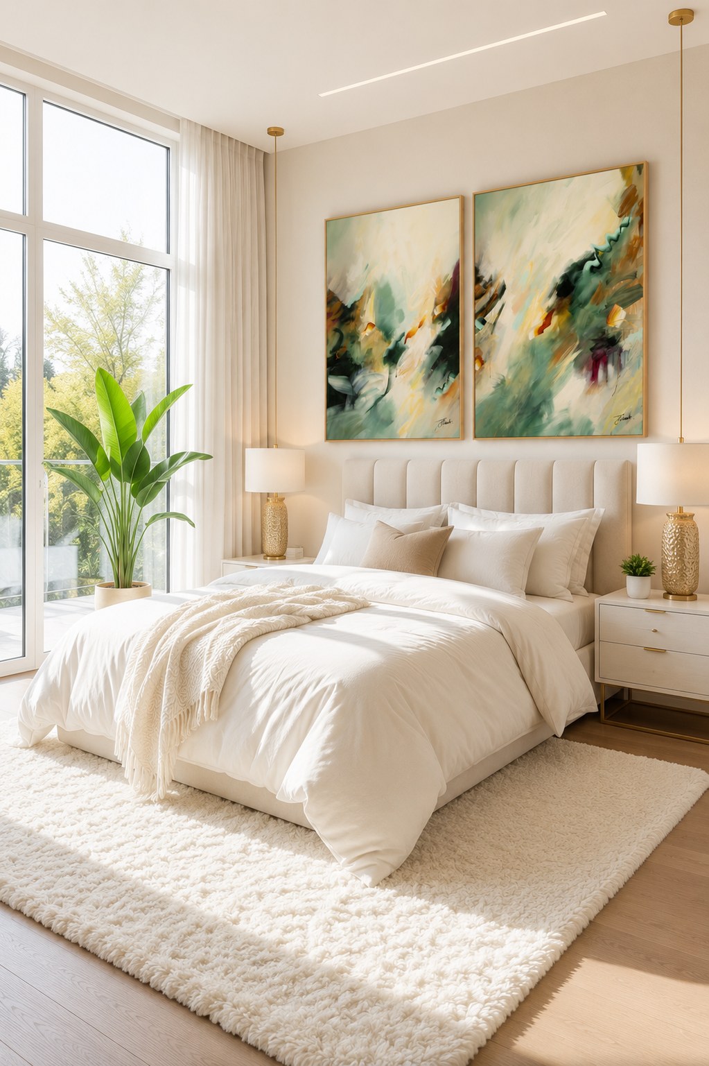 Golden Drift vertical framed canvas print pair by Joanna Gilbert, shown together on a living room wall