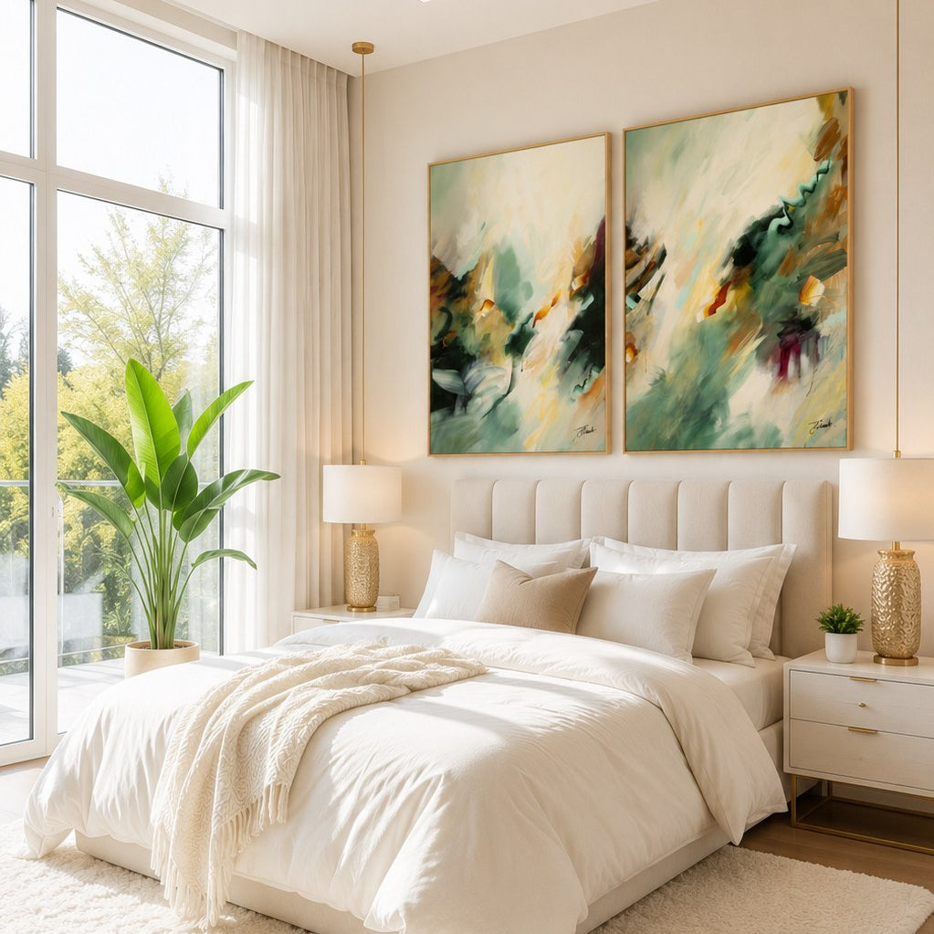 Golden Drift vertical framed canvas print pair by Joanna Gilbert, shown together on a living room wall