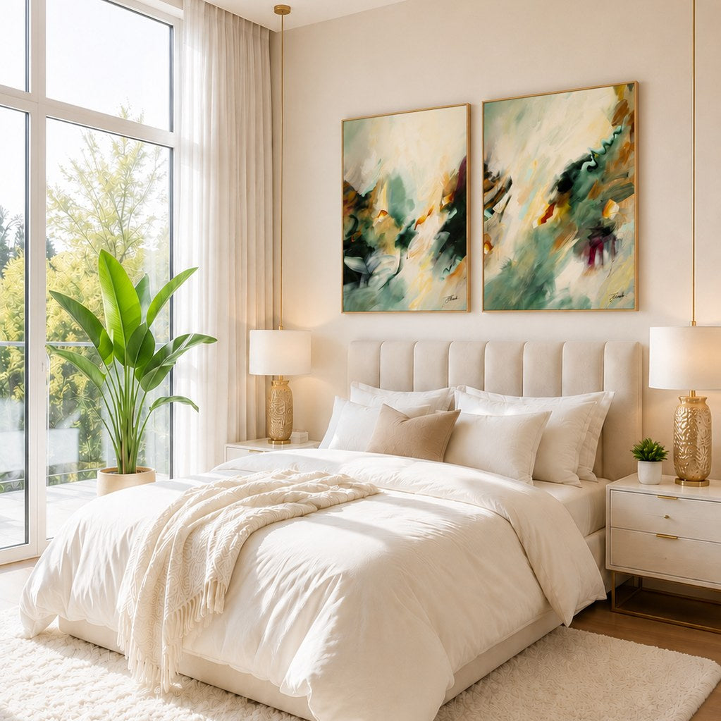Golden Drift vertical framed canvas print pair by Joanna Gilbert, shown together in a second room setting