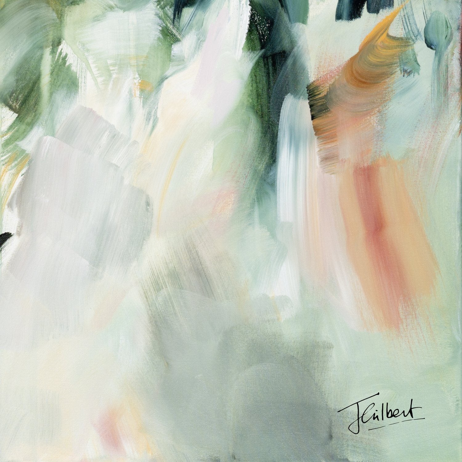 Hand signature of artist Joanna Gilbert on the Movement in Green abstract canvas print.