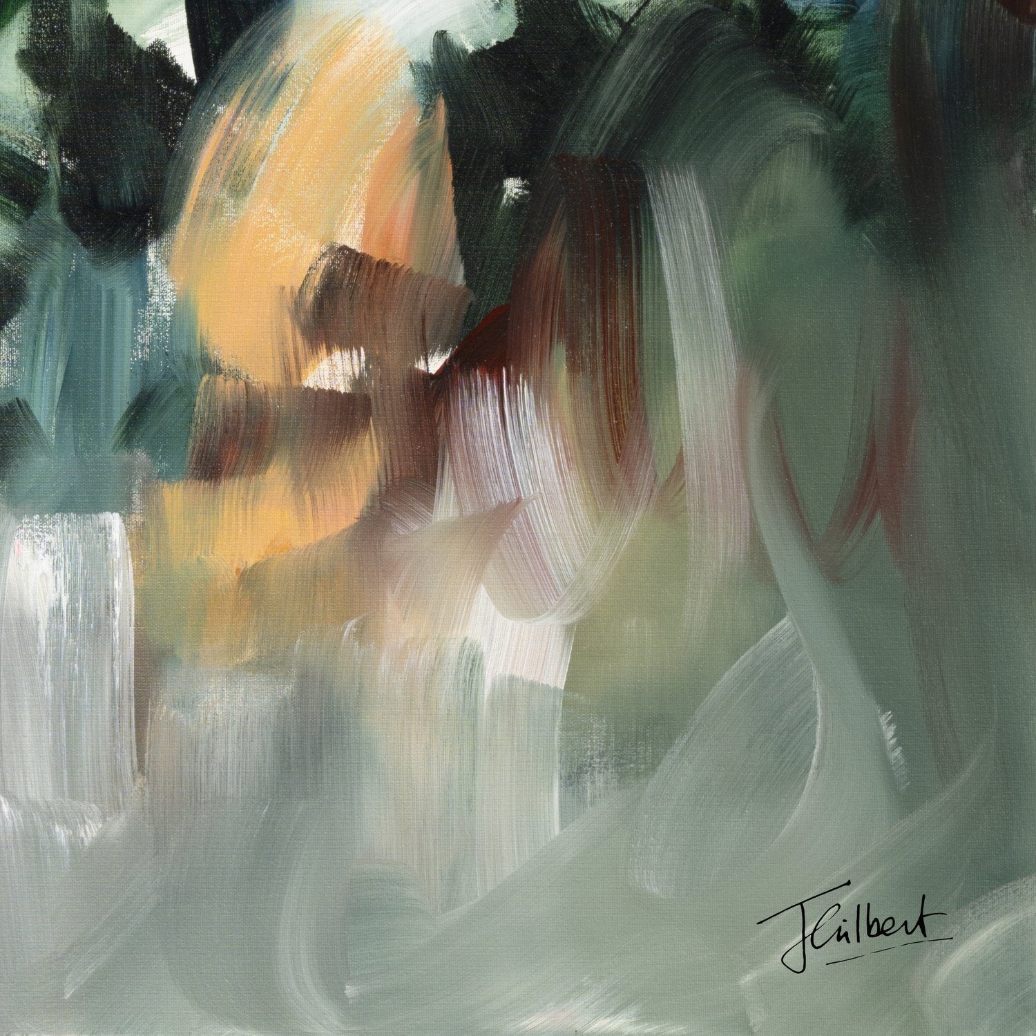 Hand signature of artist Joanna Gilbert on the Movement in Green 2 abstract canvas print.