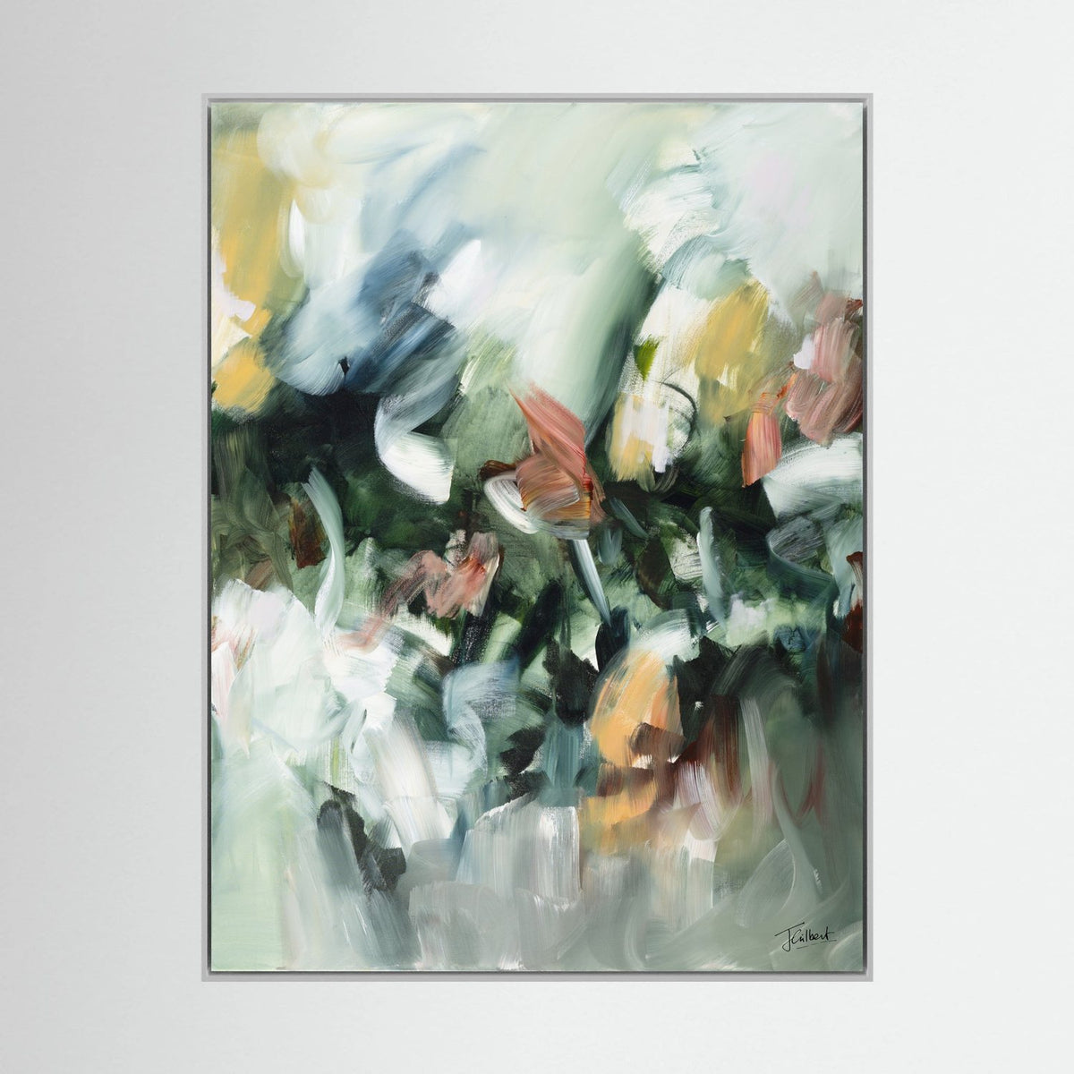 Movement in Green 2 abstract painting in a white frame, a vertical framed canvas print by Joanna Gilbert.