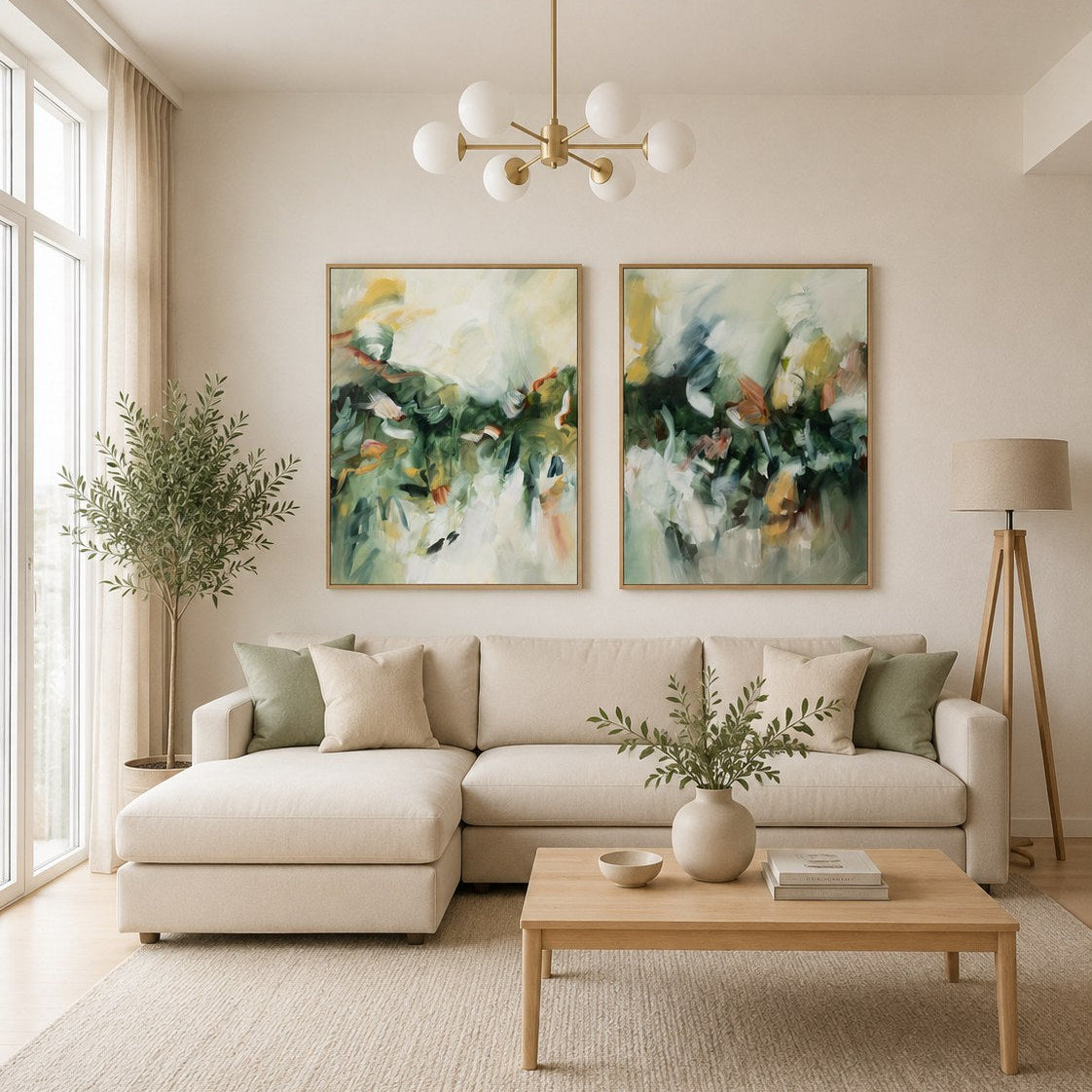 Movement in Green vertical framed canvas print pair by Joanna Gilbert, shown together in a second room setting