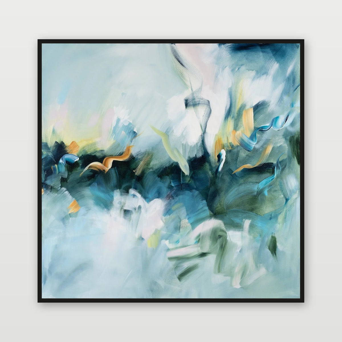 Movement in Blue 2 by Joanna Gilbert, shown in a black float frame