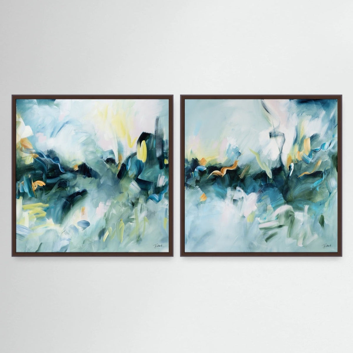 Movement in Blue pair, two abstract framed canvas prints by Joanna Gilbert in dark oak frames