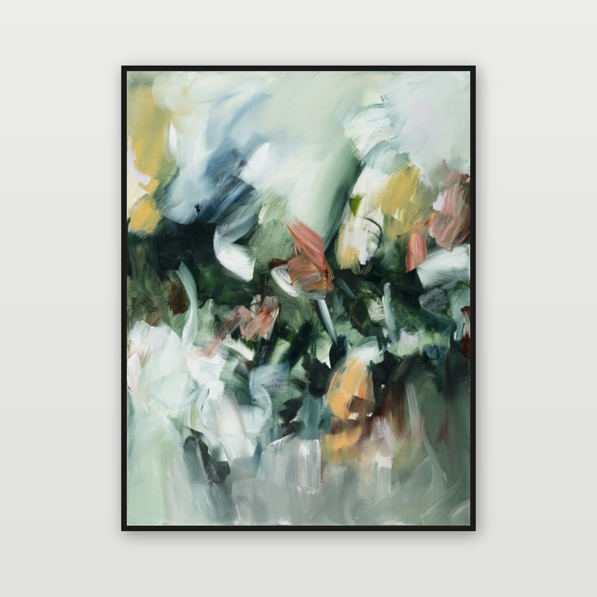 Movement in Green 2 by Joanna Gilbert, shown in a black float frame
