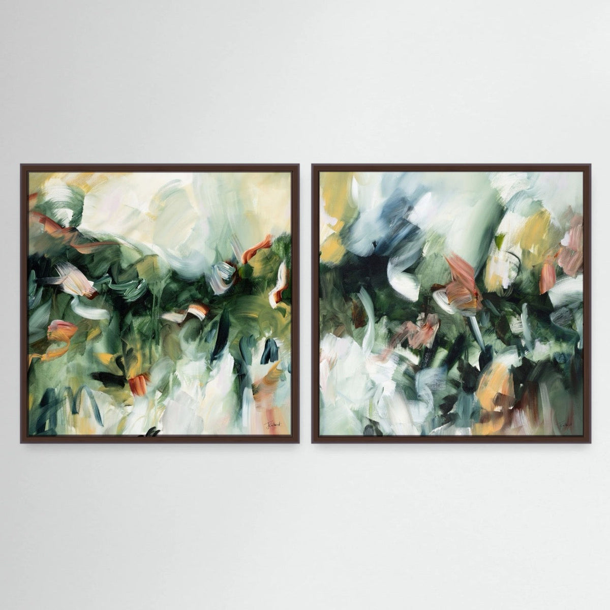 Movement in Green pair, two abstract framed canvas prints by Joanna Gilbert in dark oak frames