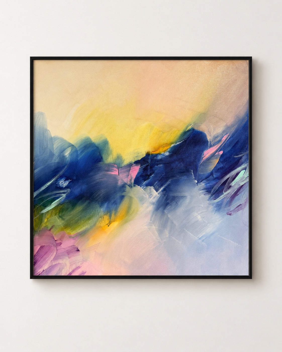 Chasing the Sun, original abstract painting by Joanna Gilbert in a black float frame