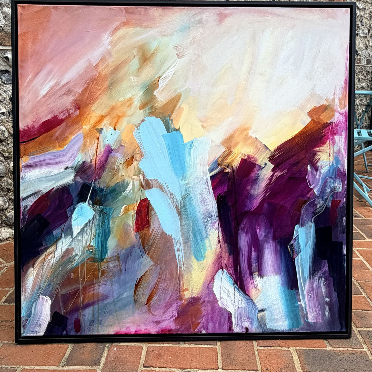 Rise into Colour, original abstract painting by Joanna Gilbert in a black float frame