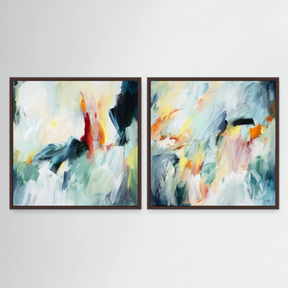 Sunlit Whispers pair, two abstract framed canvas prints by Joanna Gilbert in dark oak frames
