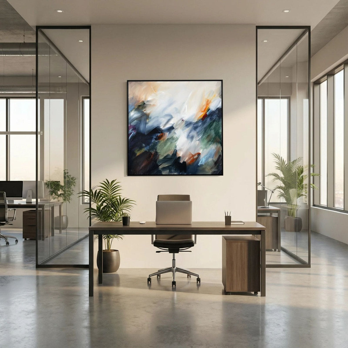 The Turning Point 1 abstract framed canvas print in a bright open-plan office.