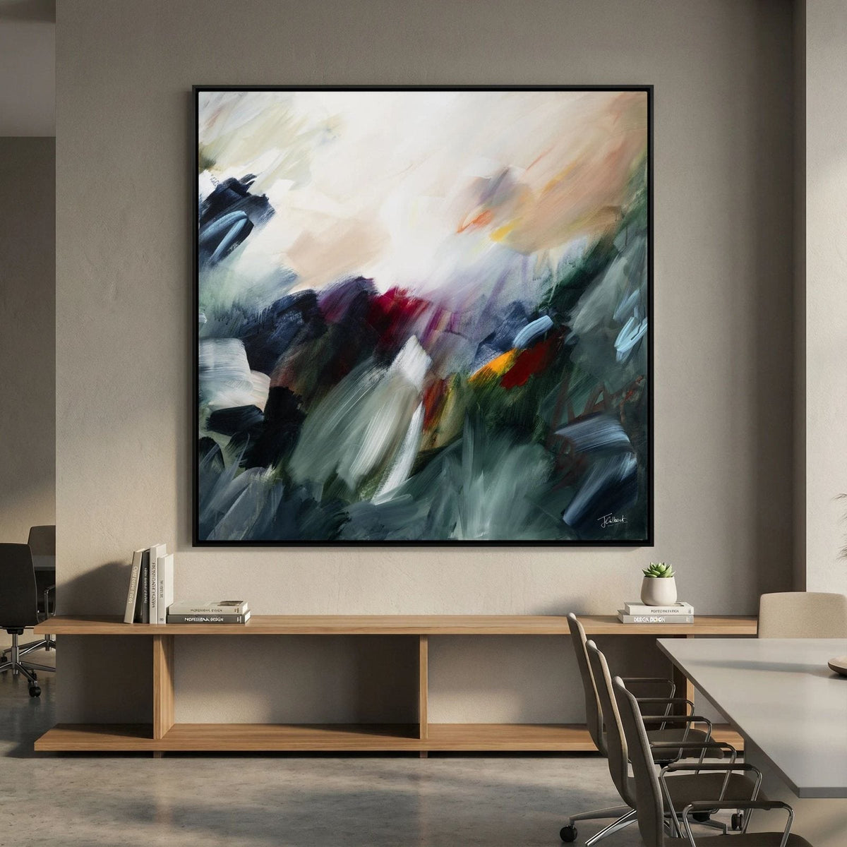 The Turning Point 2 abstract framed canvas print above an oak console in a meeting room.