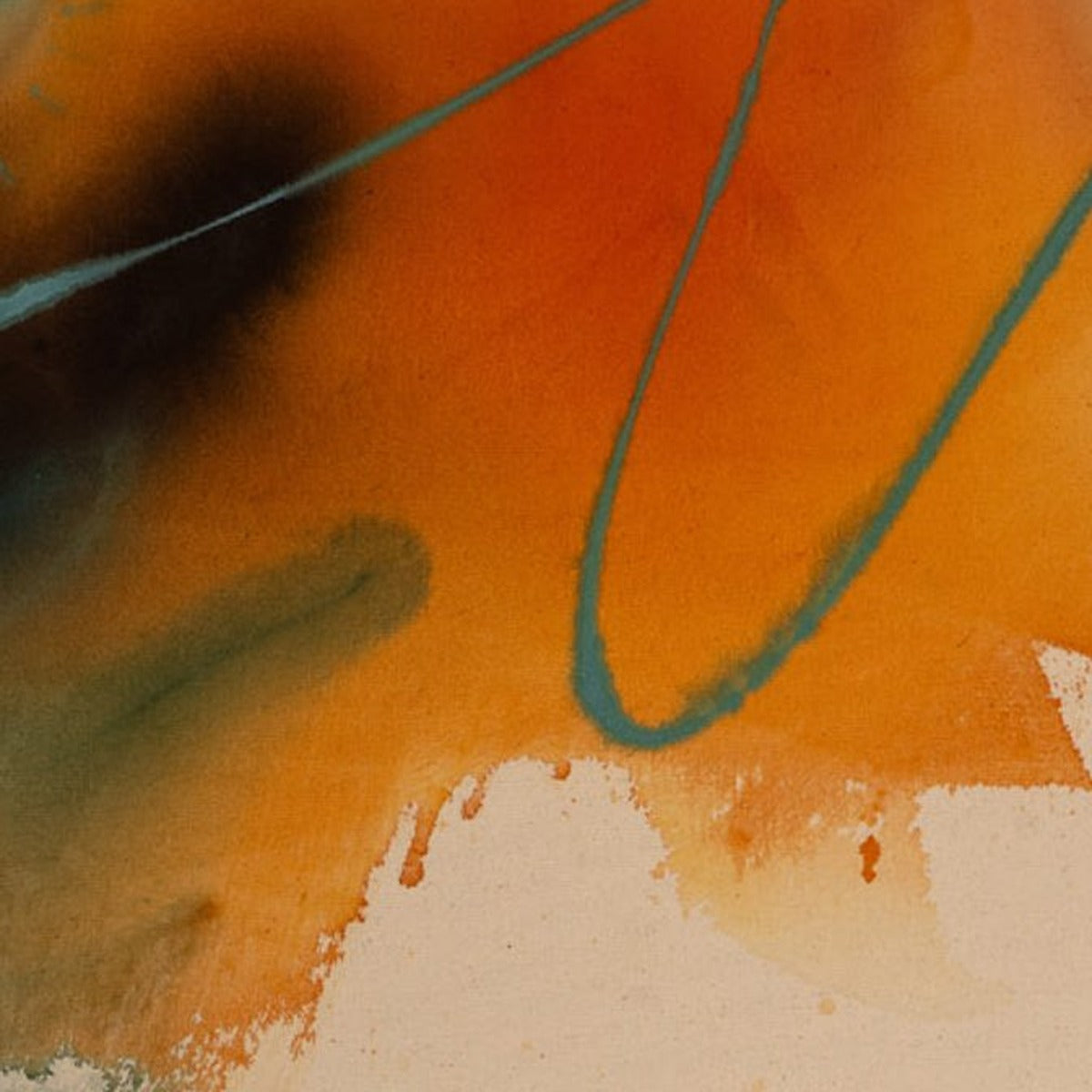 Unfolding Ember, original abstract painting by Joanna Gilbert, close detail of a teal line looping over burnt orange