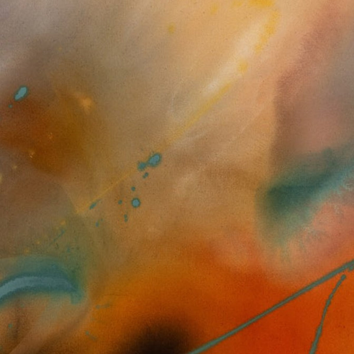 Unfolding Ember, original abstract painting by Joanna Gilbert, close detail of earthy browns, teal and fine splatters