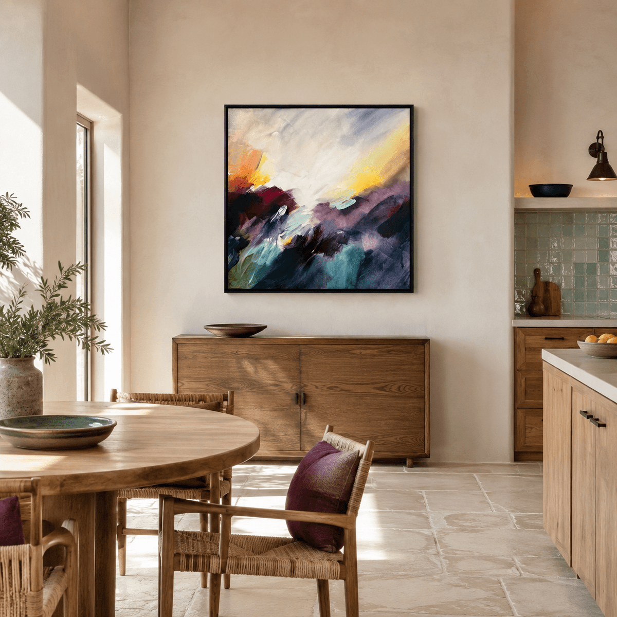 Where the Light Finds You, original abstract painting by Joanna Gilbert, in a sunlit dining room