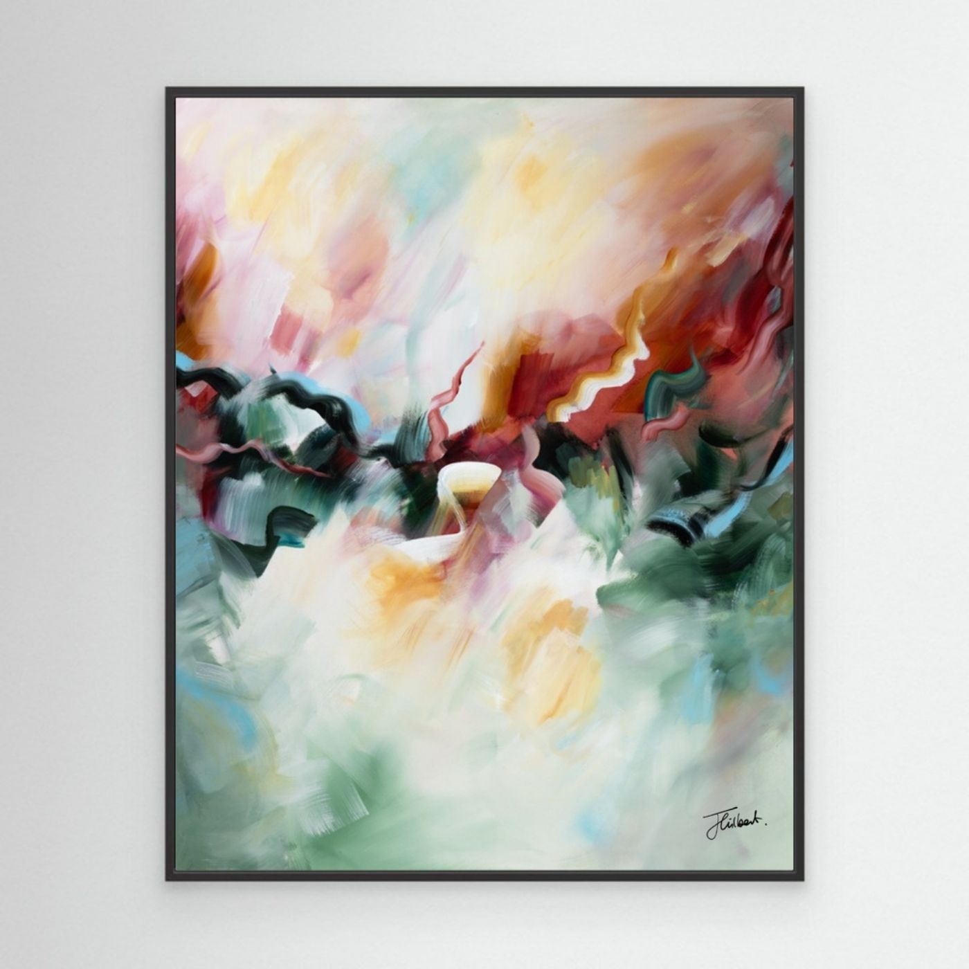 A Sunset's Embrace 1 vertical framed canvas print in a black frame, styled on a wall