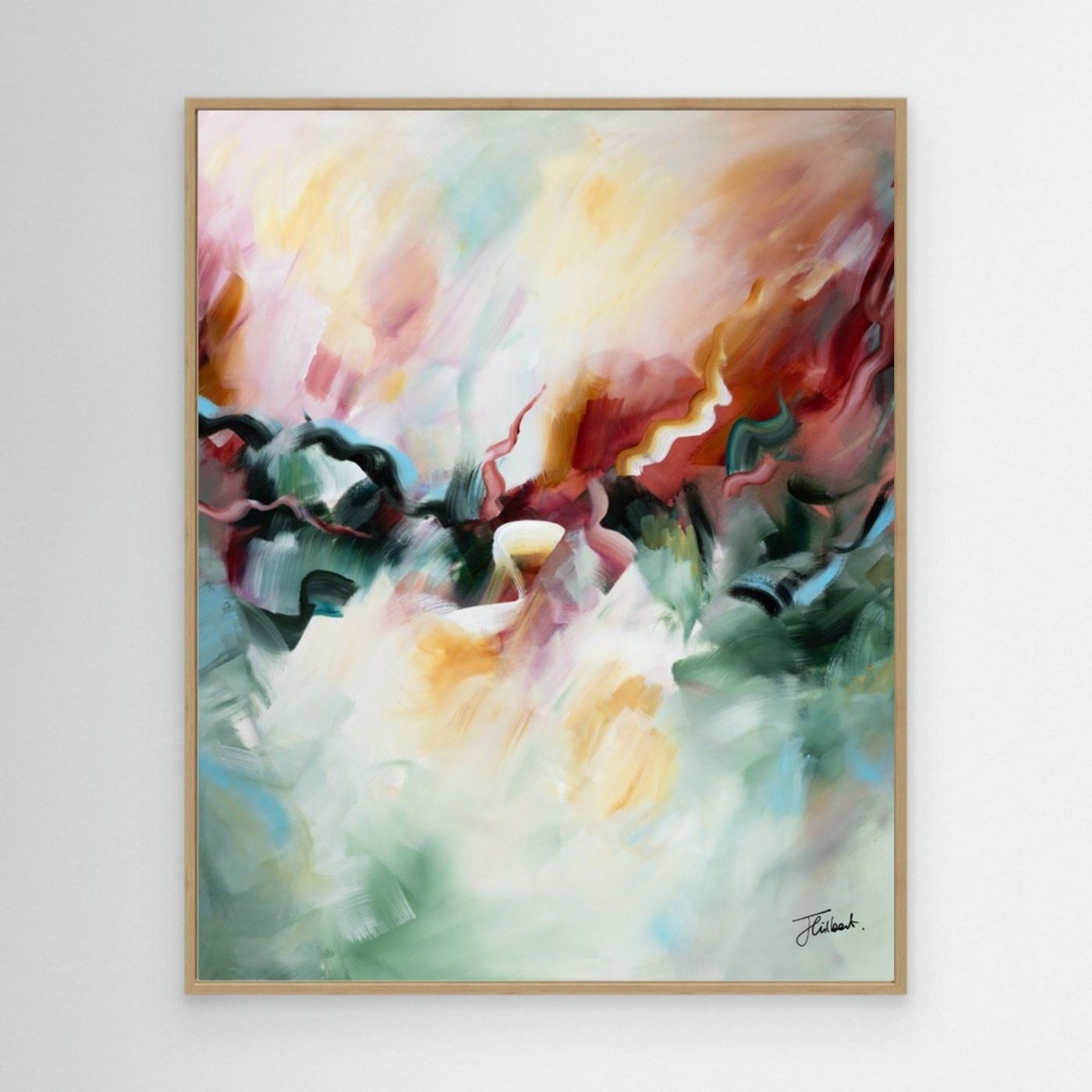 A Sunset's Embrace 1 vertical framed canvas print in an oak frame, styled on a wall