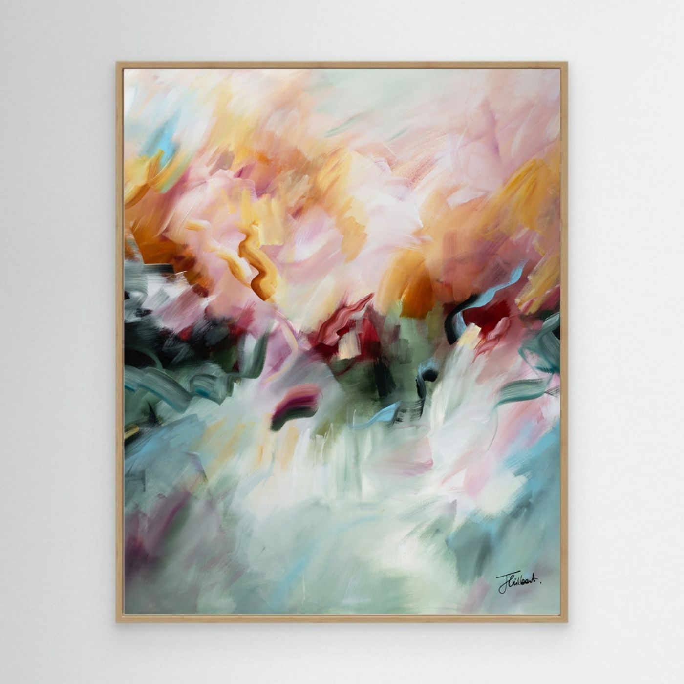 A Sunset's Embrace 2 vertical framed canvas print in an oak frame, styled on a wall