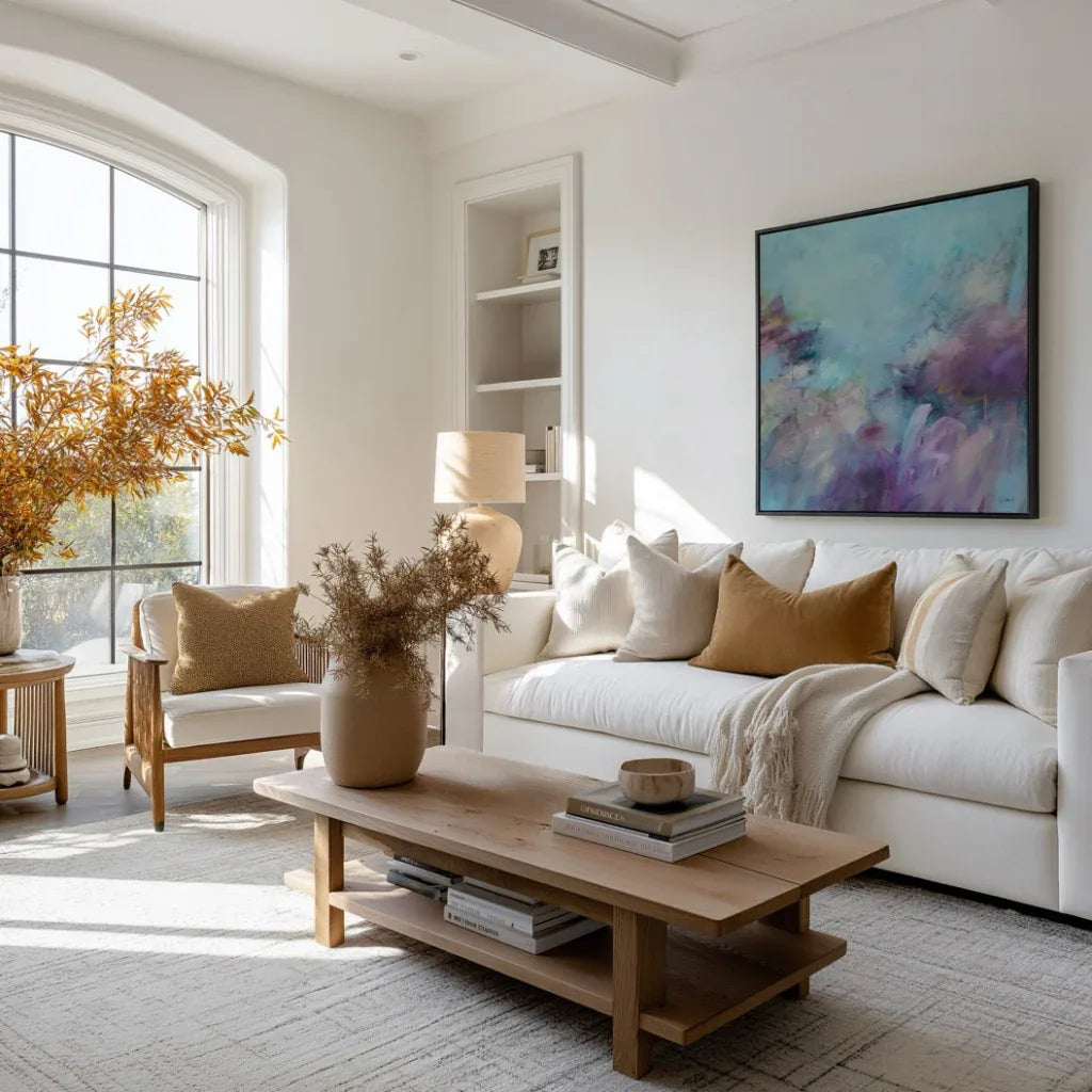 Modern living room with a white sofa, wooden coffee table, and abstract painting.