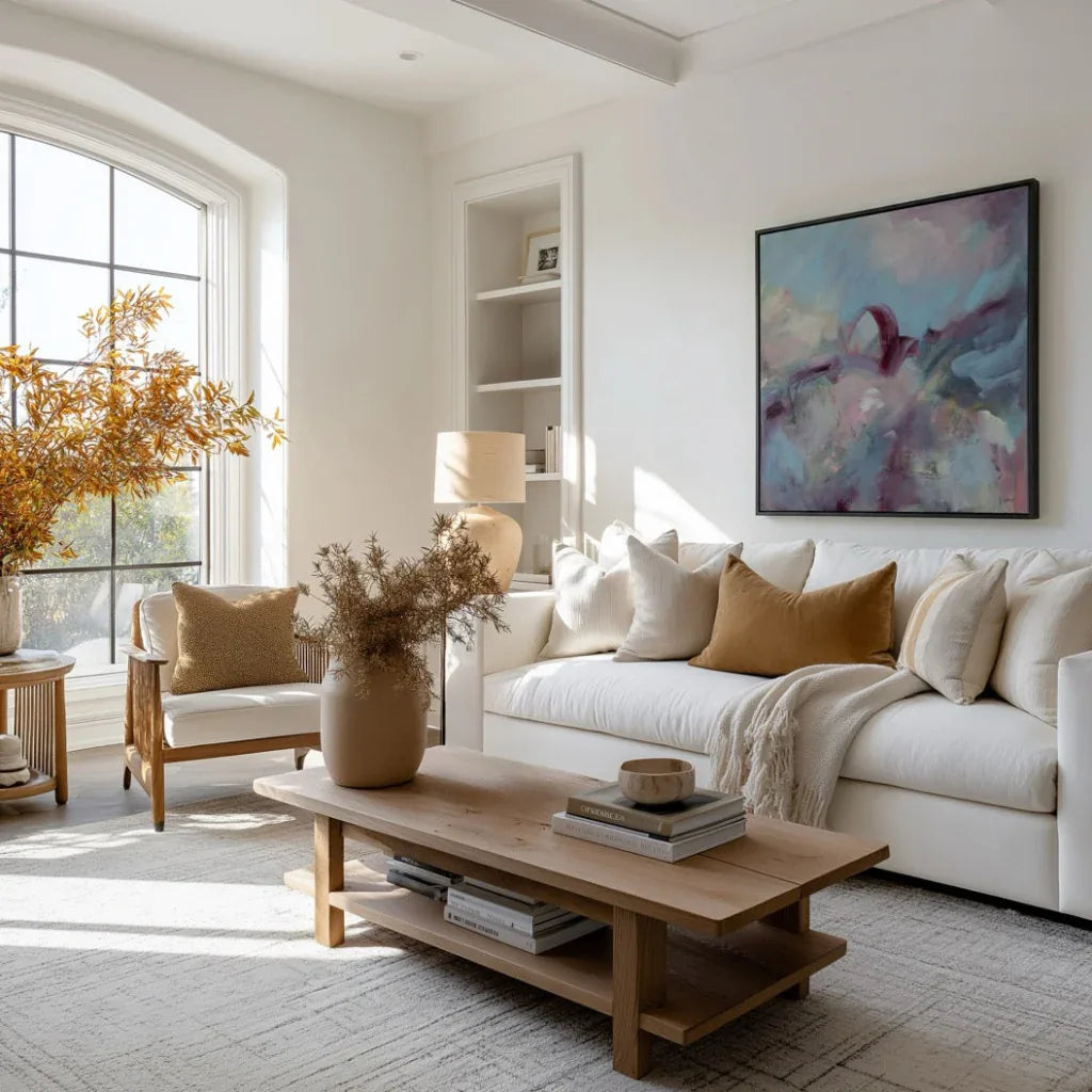 Modern living room with a white sofa, wooden coffee table, and abstract painting.