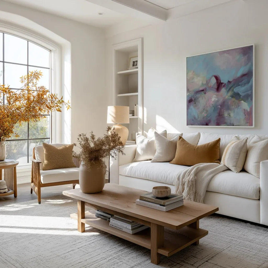 Modern living room with white sofa, wooden coffee table, and abstract painting on wall.