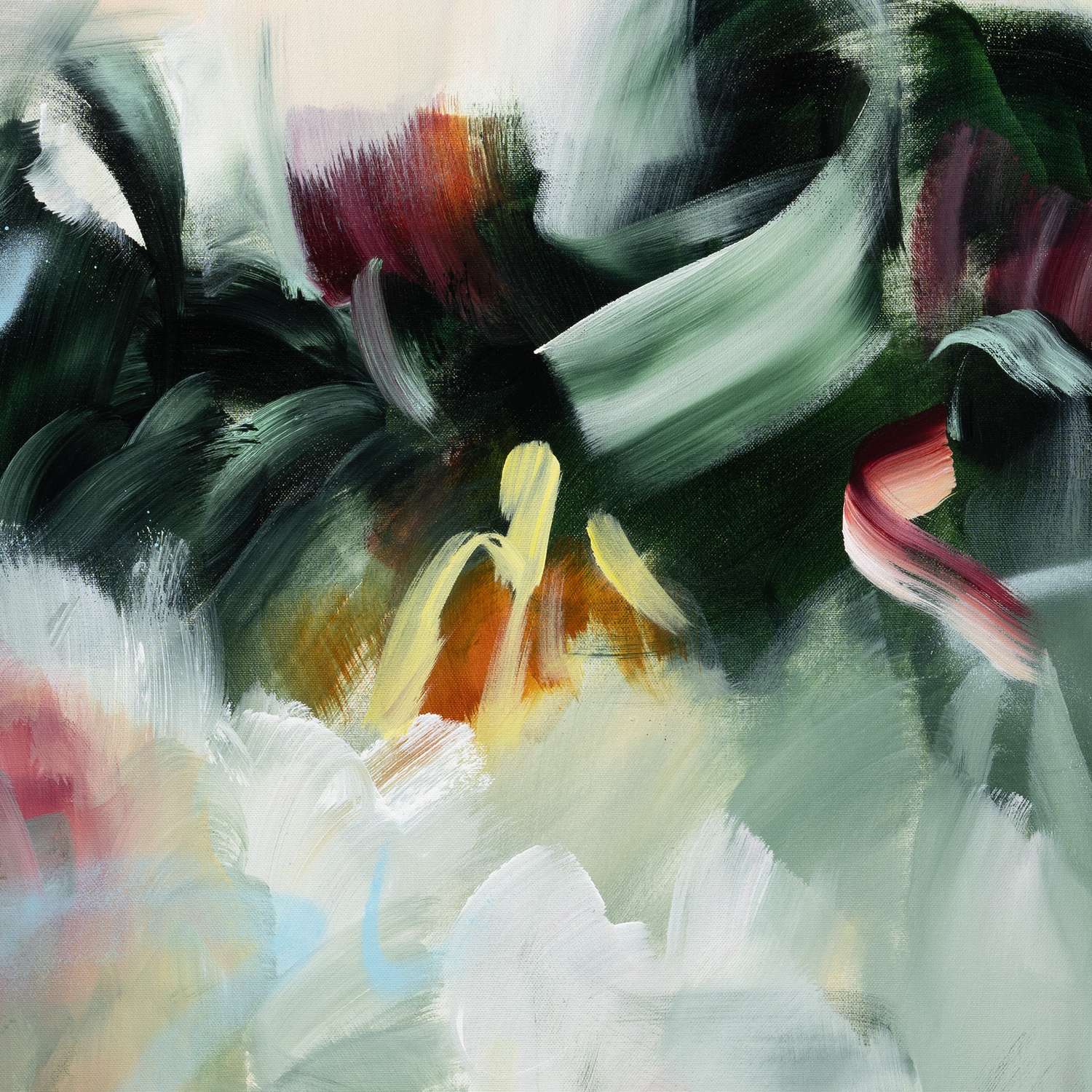 Breathe 1 abstract framed canvas print, close-up of the brushwork.
