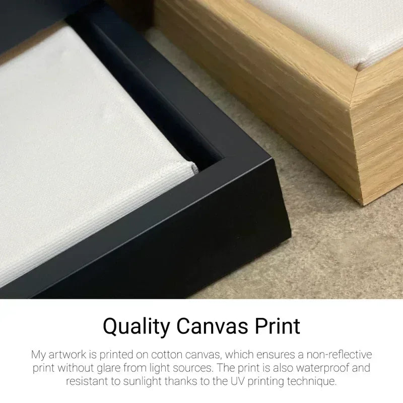 Canvas print quality guide showing the hand-stretched canvas and floating frame construction.