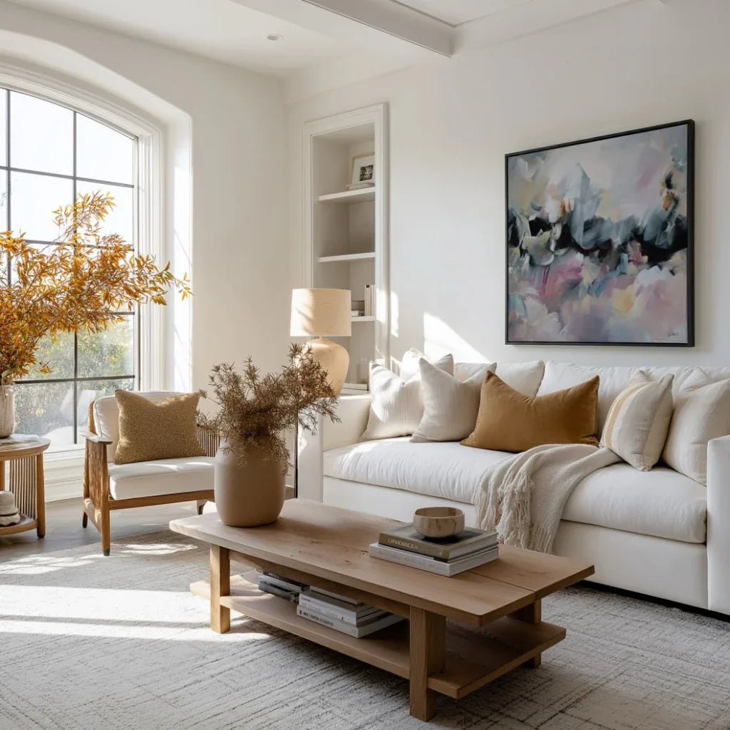 Modern living room with a white sofa, wooden coffee table, and abstract art on the wall.
