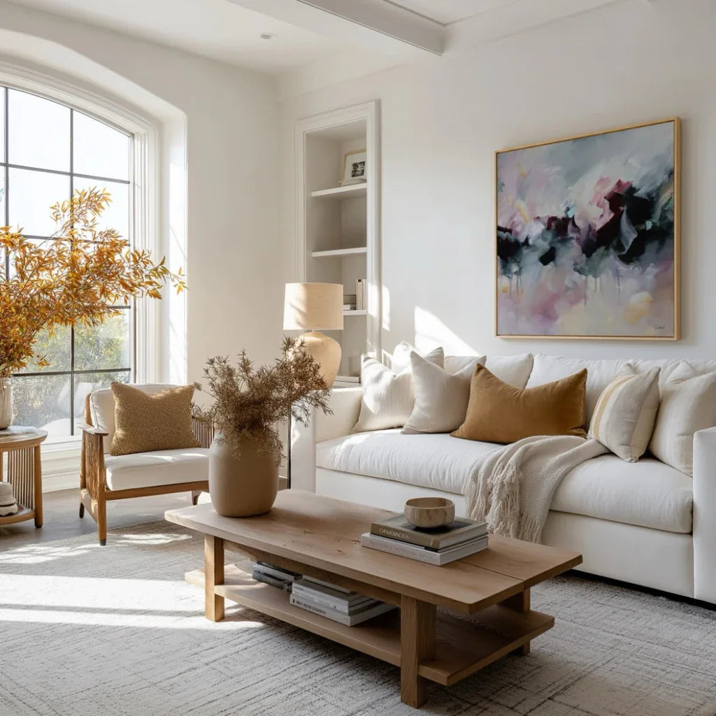 Modern living room with white sofa, wooden coffee table, and abstract painting.