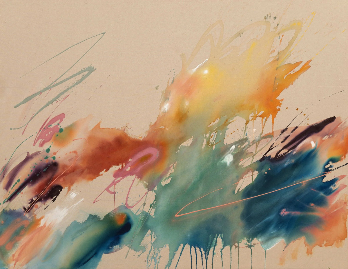 Celestial Sparks, original abstract painting by Joanna Gilbert in orange, teal and soft blue, full view of the canvas