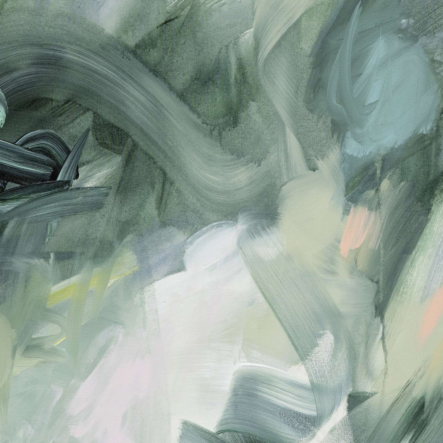 Evergreen Echoes 1 abstract framed canvas print, close-up of the brushwork.