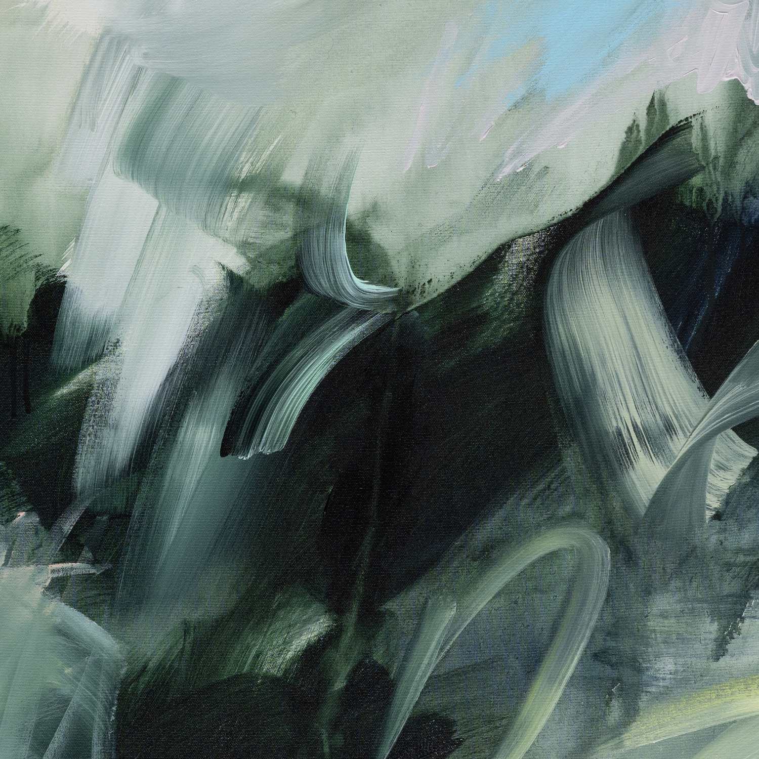Evergreen Echoes 2 abstract framed canvas print, close-up of the brushwork.