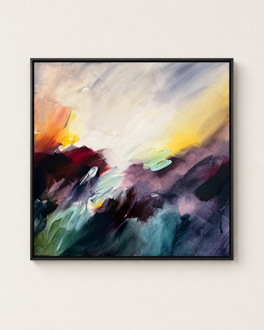 Where the Light Finds You, original abstract painting by Joanna Gilbert in a black float frame