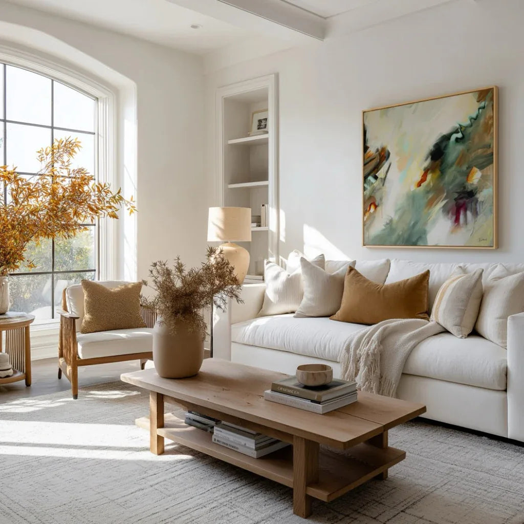 Modern living room with a white sofa, wooden coffee table, and abstract painting on the wall.
