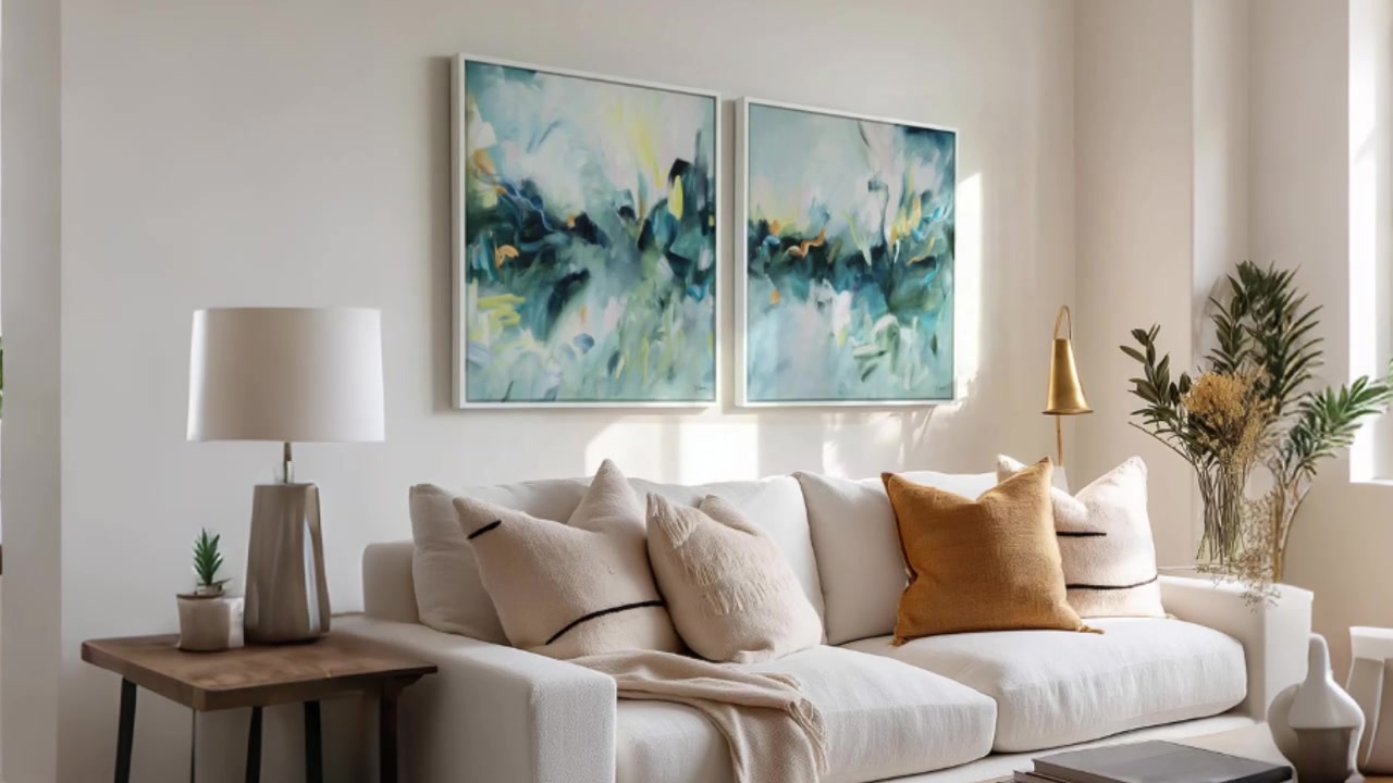 Pair of green and blue abstract prints above a neutral sofa