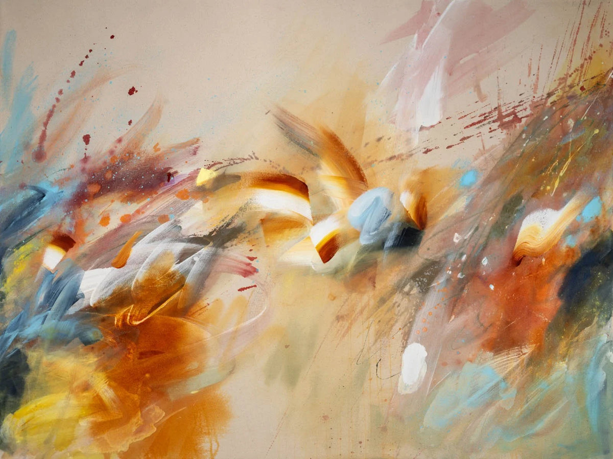 Fire in the Drift, original abstract painting by Joanna Gilbert in golden orange and blue, full view of the canvas