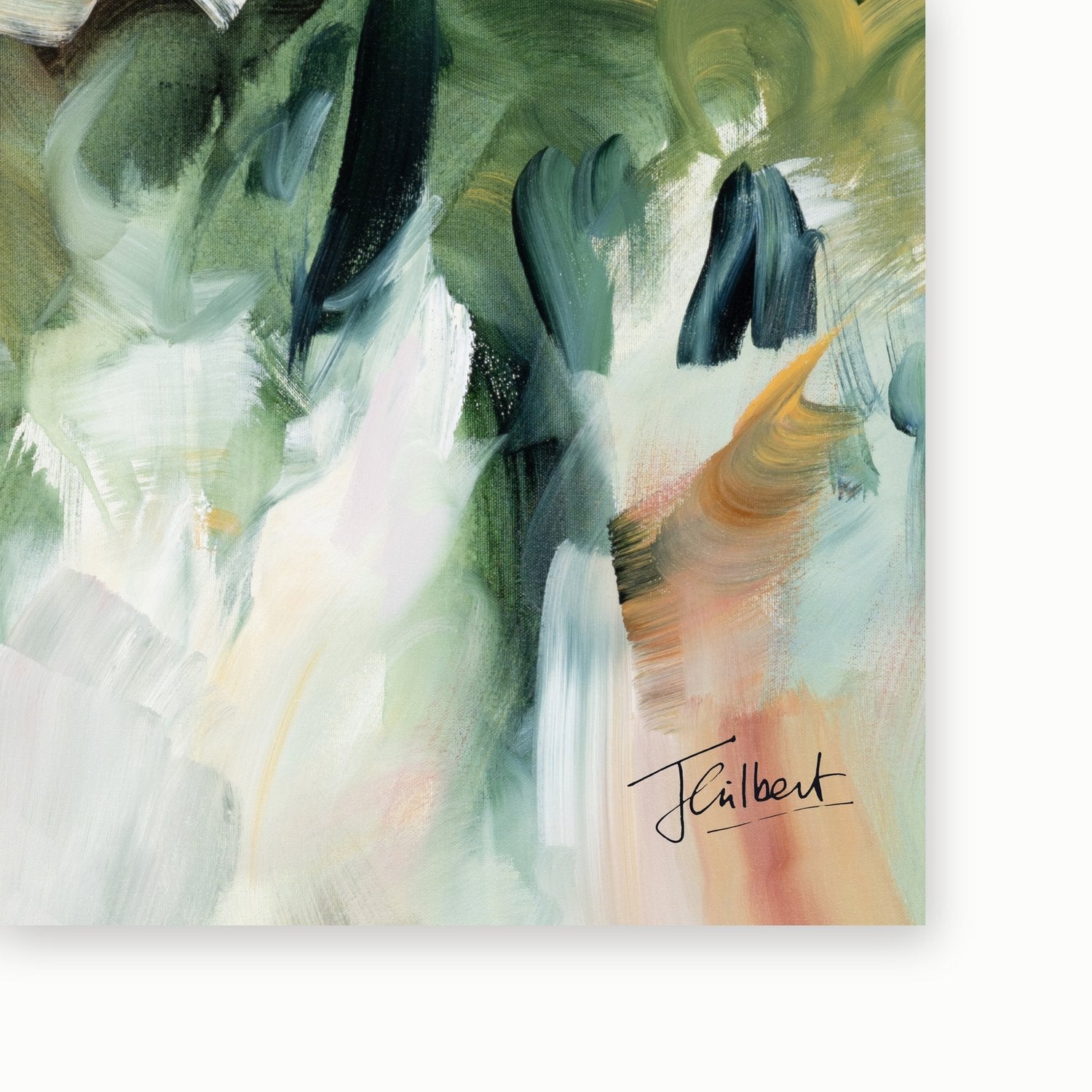 Artist signature on Movement in Green 1 framed canvas print by Joanna Gilbert.