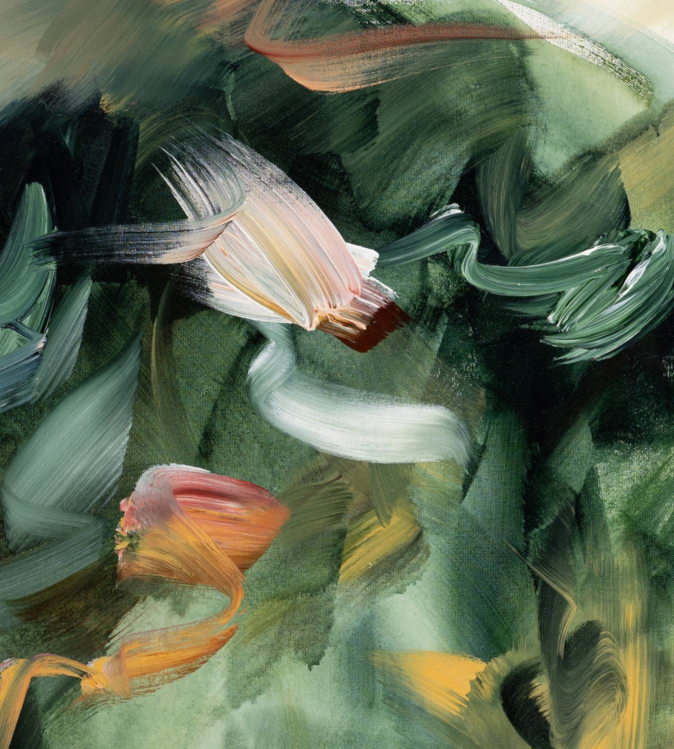 Movement in Green 1 abstract framed canvas print, detail of colour and texture.