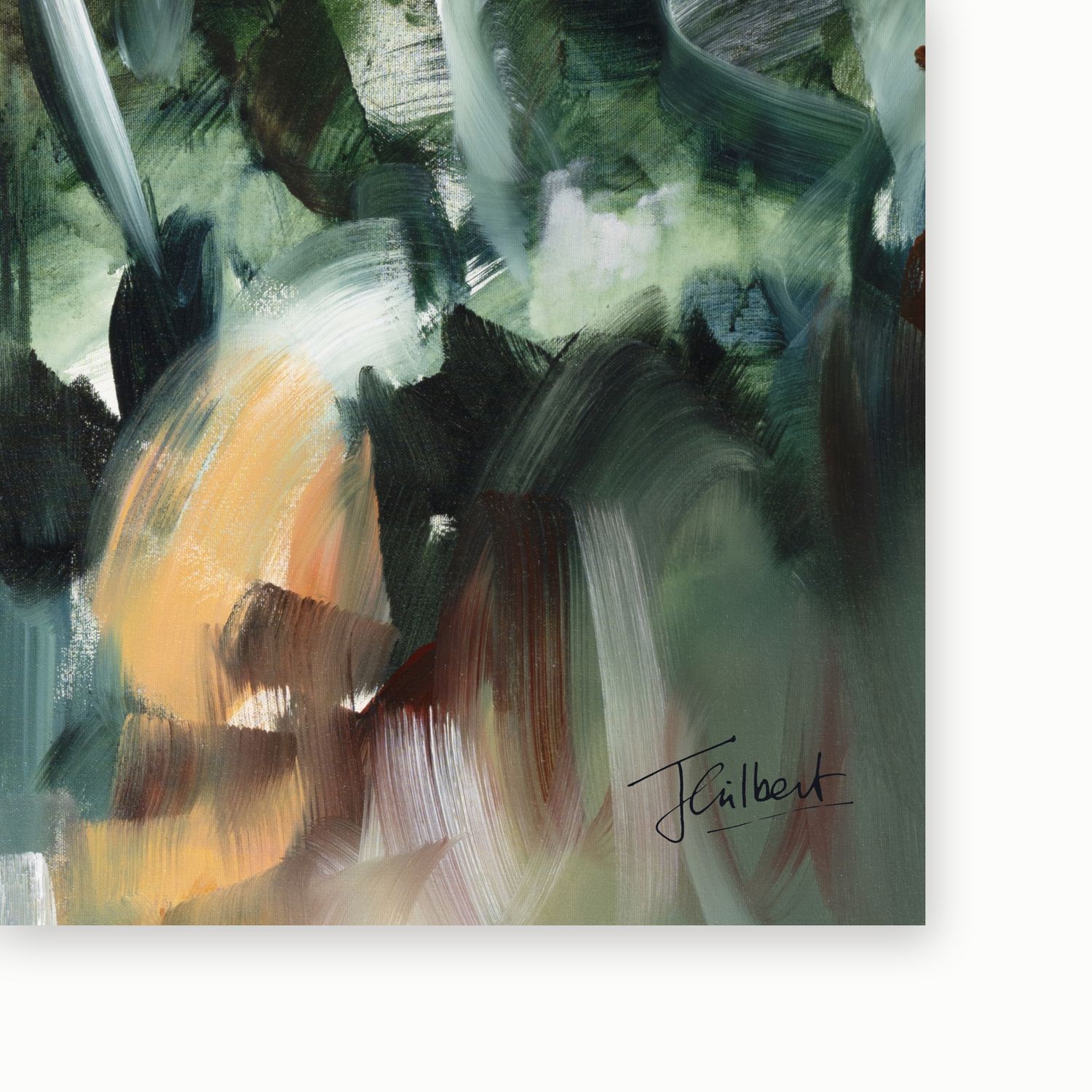Artist signature on Movement in Green 2 framed canvas print by Joanna Gilbert.