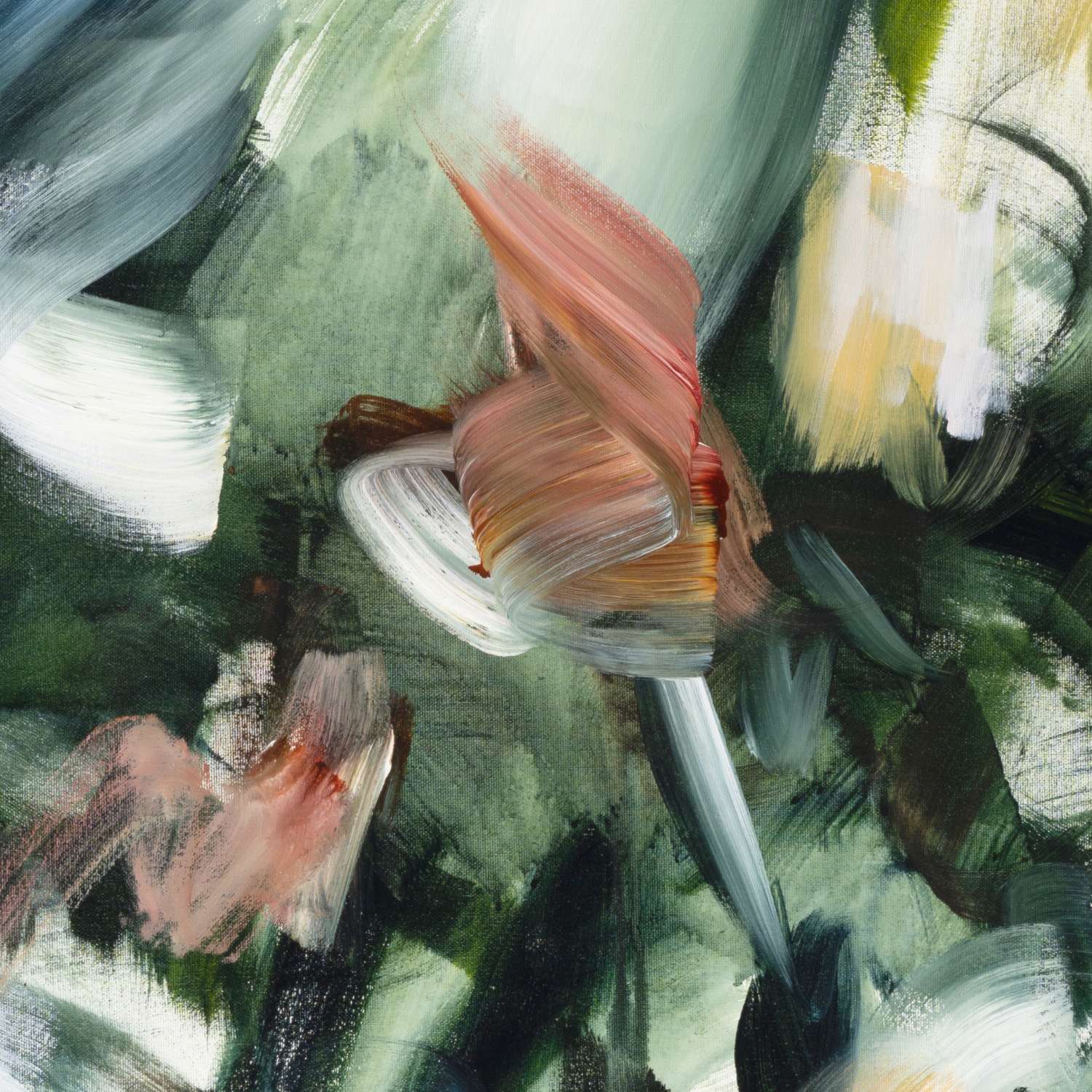 Movement in Green 2 abstract framed canvas print, close-up of the brushwork.
