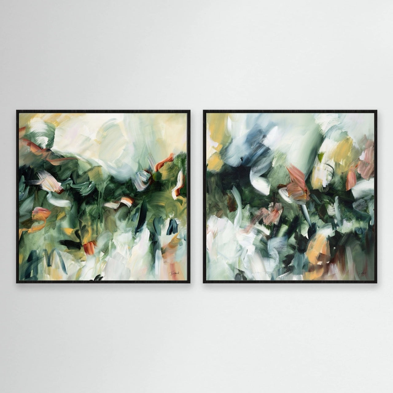 Movement in Green (Pair) - Framed Diptych Canvas Print