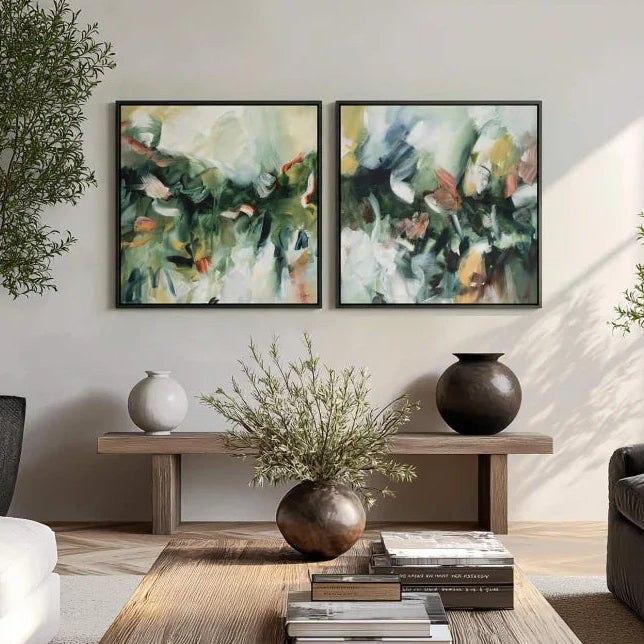 Modern living room with wooden coffee table, decorative vases, and abstract wall art.