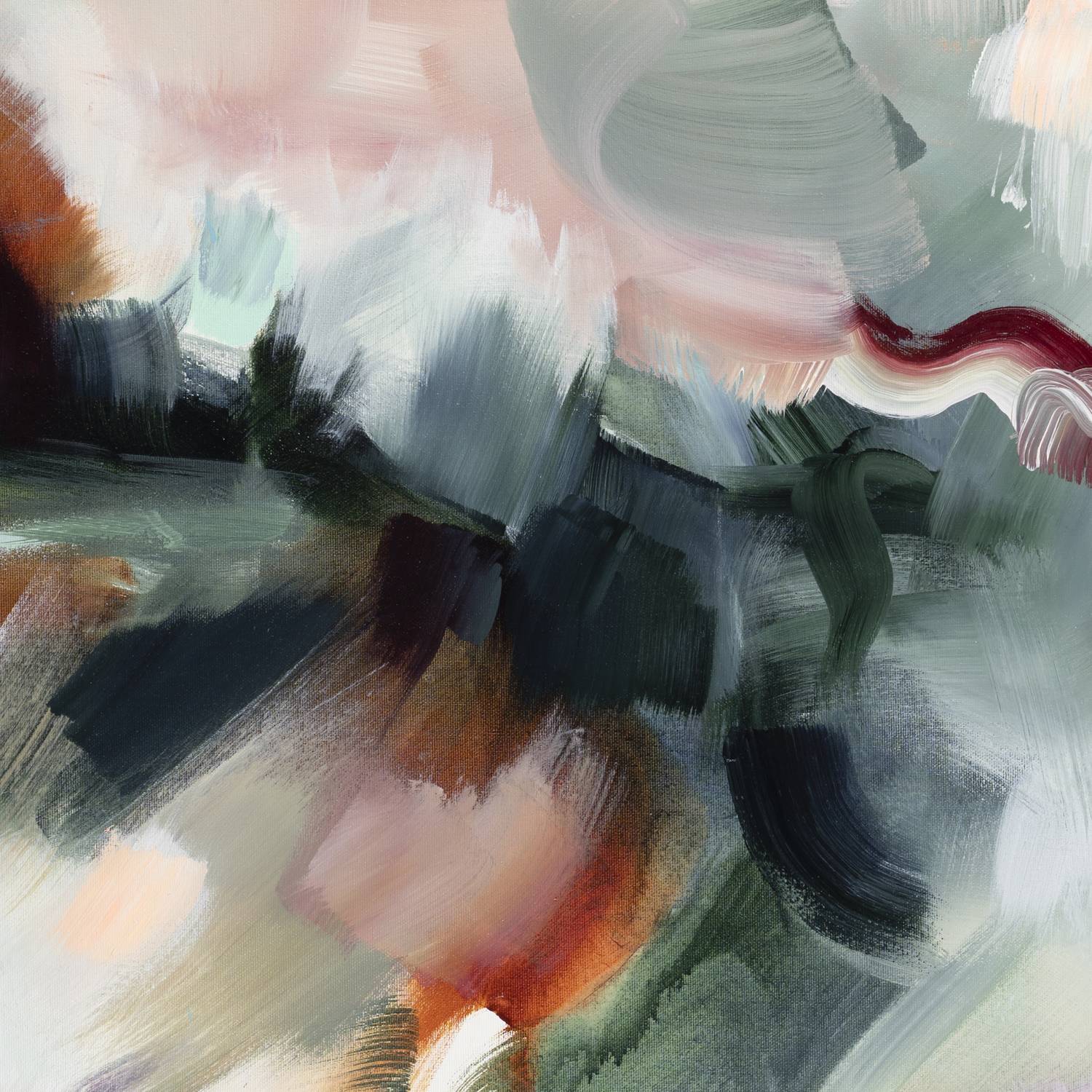 Shades of Jade 1 abstract framed canvas print, close-up of the brushwork.