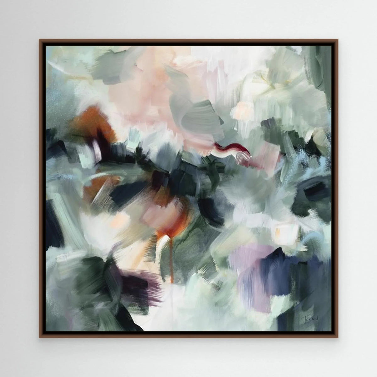 Shades of Jade 1 abstract canvas print in a dark oak floating frame