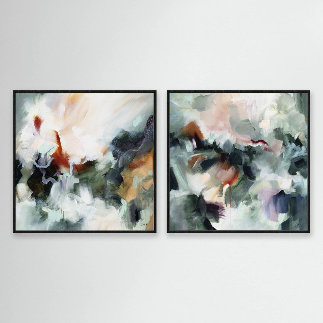 Shades of Jade (Pair) - Framed Diptych Canvas Print