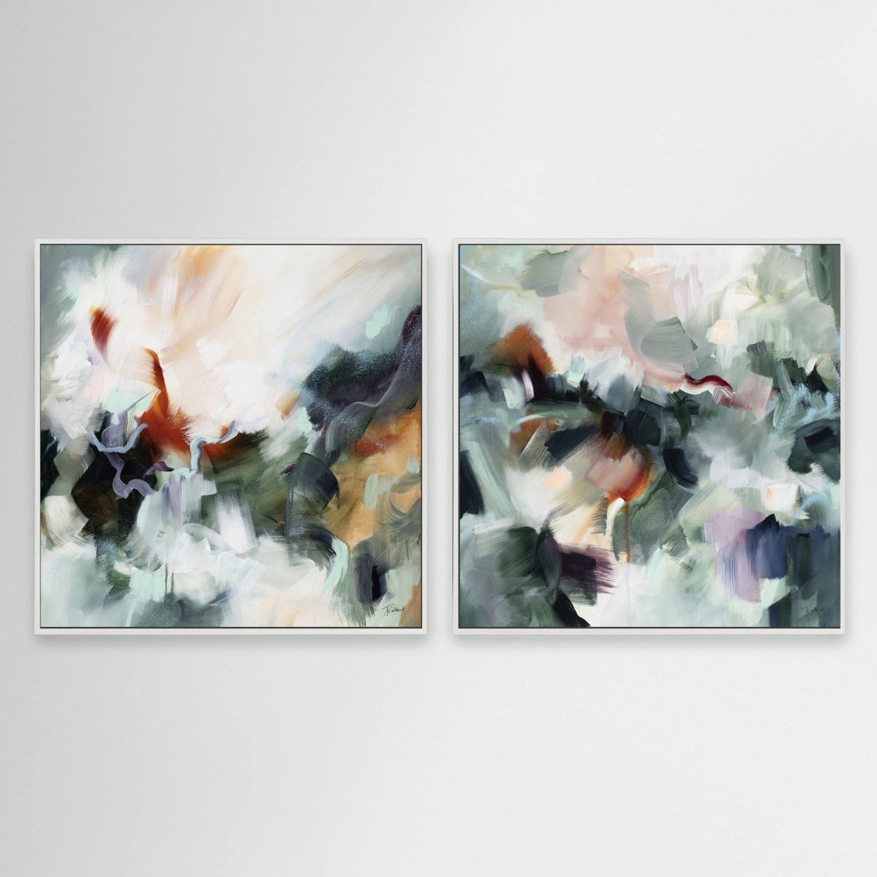 Shades of Jade (Pair) - Framed Diptych Canvas Print